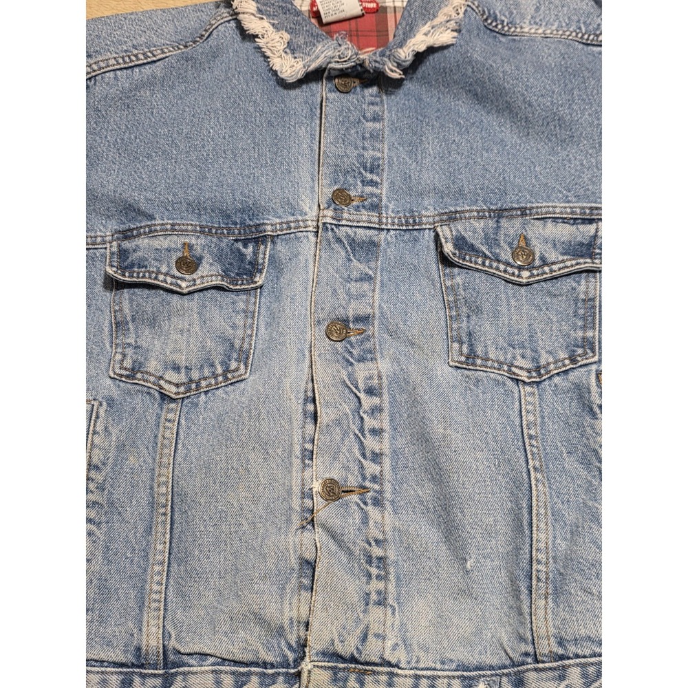 VTG Marlboro Country Store Denim Jacket Mens Large L Plaid Flannel Lined Distres